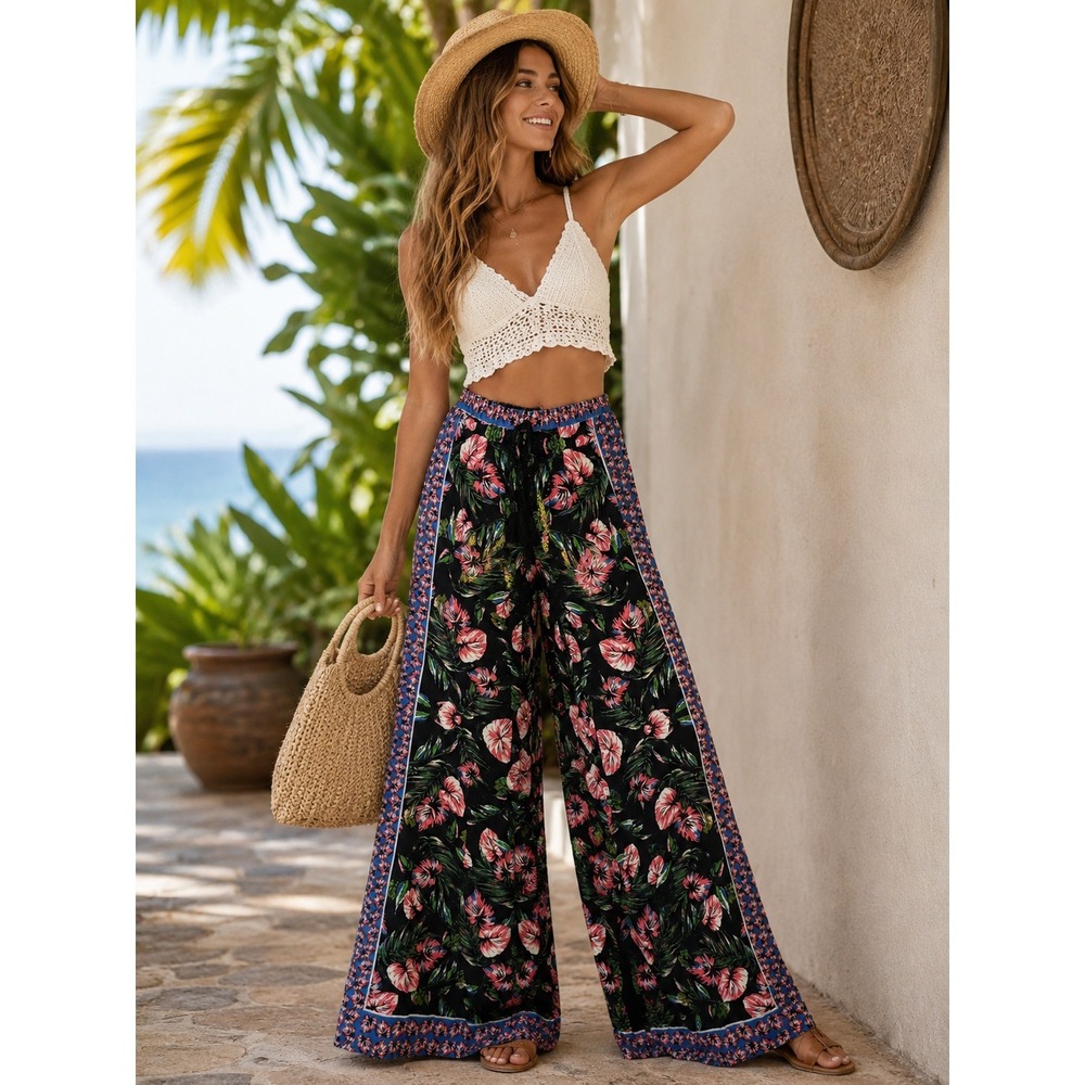 Flying Tomato Tropical Floral Palazzo Pants Wide Leg Resort Cruise Vacation S